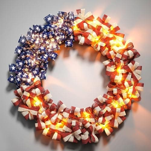 Patriotic Wreath 18 Inch American Flag Wreath for Front Door, Burlap Red White and Blue Decor with Stars Stripes and Timer-Equipped Light Strip for 4th of July Memorial Day Veterans Day view 1