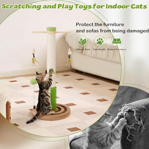 Cat Scratching Post, 26 Inch Tall Scratching Posts for Indoor Cats Adults and Kittens, Small Cat Scratch Post with Rotatable Hanging Toys, Rubber Brush and Double-Layer Interactive Wooden Ball Track view 6