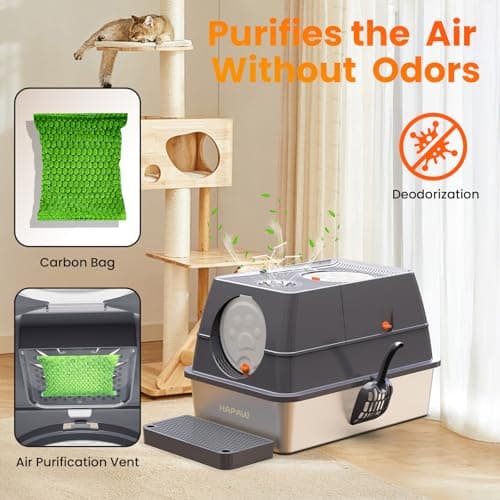 HAPAW 135° Flip-Top Stainless Steel Litter Box with Lid, Extra Large Enclosed Cat Litter Box, Metal Litter Pan with Front & Top Entry, Odor Control, Scoop & Filter Pedal view 5