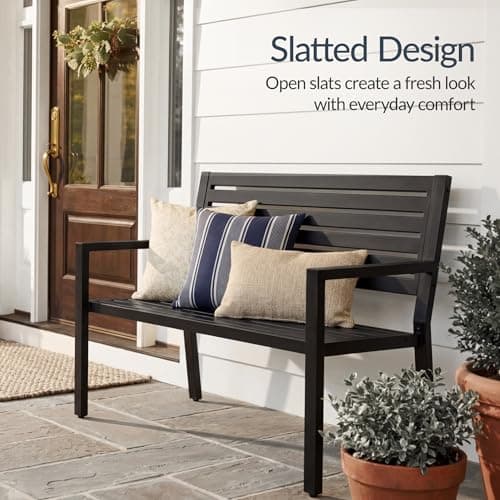 Best Choice Products Outdoor Metal Bench Patio Garden Bench, Heavy Duty 790lb Capacity, Steel Slatted Seat Porch Bench with Armrests, Weather Resistant Park Bench view 3