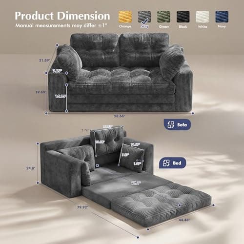 Homkdom Convertible Folding Sofa Bed, 2 in 1 Pull Out Loveseat Sleeper Sofa, Corduroy Futon Couch with Pillows, Tri-Fold Couch for Small Space Living Room Lounge, Space-Saving, Portable, Grey view 3