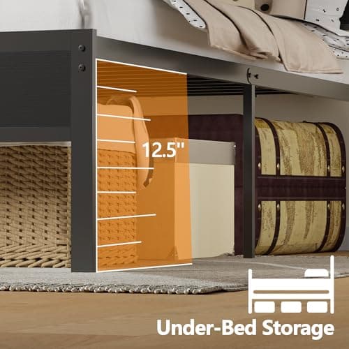 Furnulem Full Size Bed Frame with LED Light and Charging Station, Wood Storage Headboard with 2-Tier Shelves, Metal Platform Bed with Heavy Duty Slats Support, No Box Spring Needed, Black Oak view 2