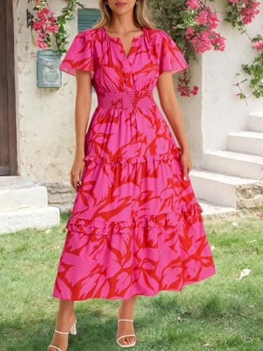 Wenrine Womens Summer Short Sleeve Maxi Dresses Casual Floral V Neck Smocked Tiered Flowy Boho Beach Sundress view 3