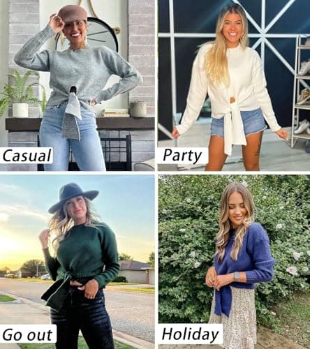 Okiwam Women's Long Sleeve Cropped Sweaters Casual Knit Pullover Tie Front Crew Neck Fall Outfits Spring Fashion Clothes 2026 view 6