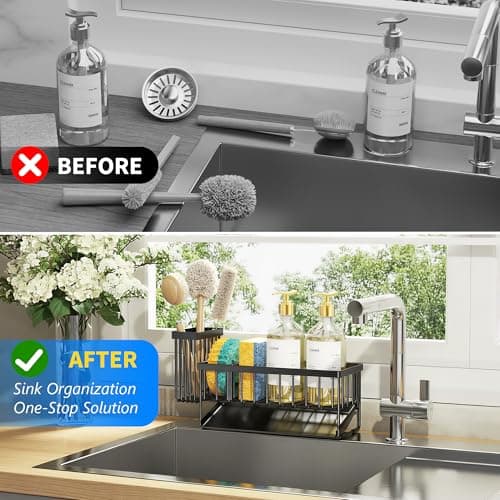 Cisily Sink Caddy Sponge Holder for Kitchen with Brush Holder and Stainless Steel Self Drain Tray, Rustproof Kitchen Sink Organizer for Sponge, Soap Dispenser Storage Accessories view 6