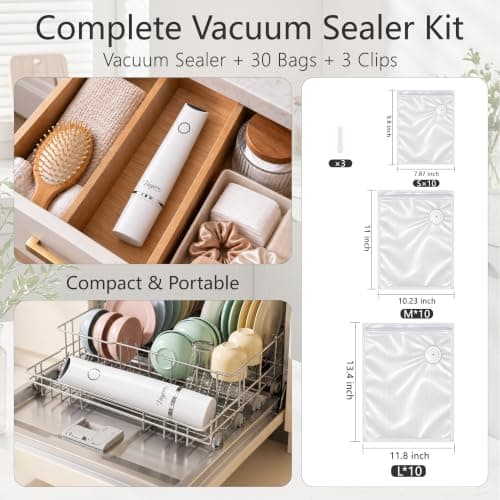 Vieyorn 60kPa Compact Food Vacuum Sealer Kit with 30 Reusable Bags-10S/M/L | WHITE Minimalist 60kPa Precision 8X Freshness USB Rechargeable Detachable Water Tank Portable for Meal Prep, Food Storage view 4