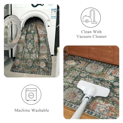 RUGSURE Washable Area Rugs - Perfect for Living Room, Bedroom, Kids Room, Nursery - Stain & Water Resistant Non-Slip, Pet & Child Friendly, Vintage Tribal Area Rugs (Green, 8' x 10') view 4