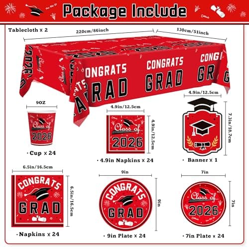 OHOME 2026 Graduation Decorations - Graduation Decorations Class of 2026 - Serve 24 - Red Plates Tablecloth Napkins Cups Banner- Graduation Party Favors Supplies view 2