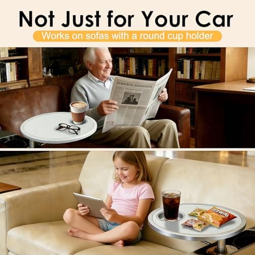 Car Food Tray & Car Table Tray with Car-Grade Aluminum Cup Holder & Phone Stand, Premium Wood with Leather Surface, 360° Rotating Car Desk for Laptop &Eating (Round, White) view 4