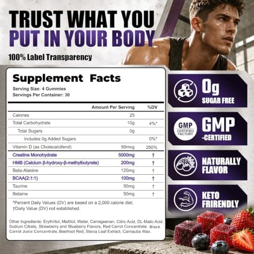 Welvigor Creatine Monohydrate Gummies 5000mg: HMB Pre Workout Women & Men | Supports cellular ATP & workout energy recovery, Combines creatine with HMB & BCAA to support lean muscle maintenance 0 sugar view 4