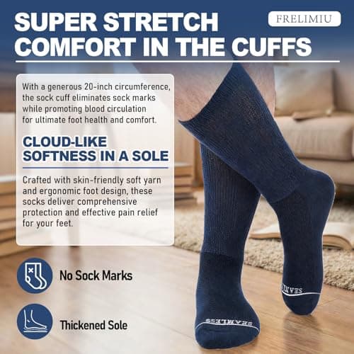 Frelimiu Diabetic Socks for Men, Seamless Crew Socks with Non Binding,Soft Cushioned Sole Sock with Loose Top, Diabetes Sock Men for Neuropathy, lymphedema, Edema, Swollen Feet, 4 Pairs,11-15(XL) view 5