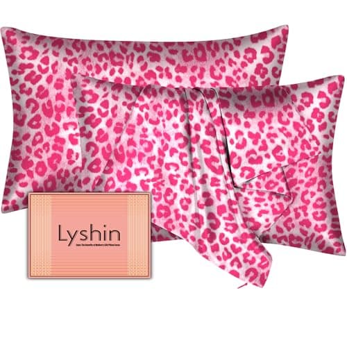 Silk Pillow Cases 2 Pack King Size with Hidden Zipper, Mulberry Silk Pillowcase for Hair and Skin, Smooth and Soft Breathable Cooling Silk Satin Pillowcase Set of 2, Gifts for Women，Leopard Pink view 1
