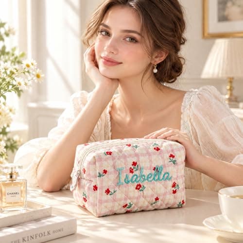 Custom Embroidered Flower Cosmetic Bag with Assorted Floral Designs. Portable Zipper Makeup Storage Pouch, Ideal for Daily Life and Travel, Gift for Ladies and Wedding Bridesmaids. view 6