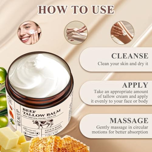 WEAUUP Beef Tallow for Skin, Organic Grass Fed Whipped Beef Tallow Balm, Tallow and Honey Balm with Raw Honey and Beeswax, Nourishing Moisturizer for Face & Body Natural Skin Care for Soft view 6