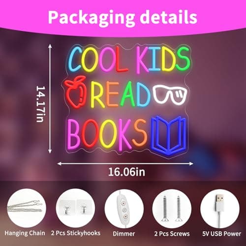 Cool Kids Read Books Neon Sign for Wall Decor, Reading Letter LED Neon Lights Library Neon Signs, Kids Room Reading Corner Classroom Christmas Bedroom Decoration 16.06 x 14.17 inch view 5