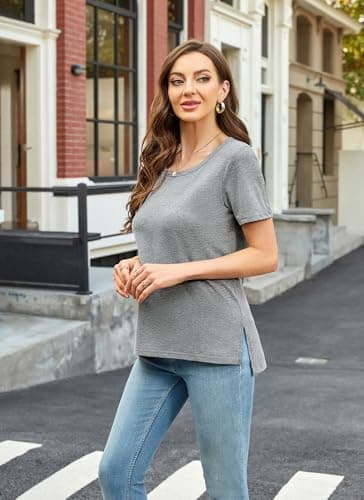 Herou Summer Women Casual Short Sleeve Tops T-Shirts Tees with Side Split view 2