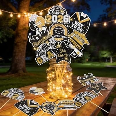 Graduation Decorations 2026 Graduation Party Decorations 32Pcs Black Gold Grad Table Centerpiece Sticks with String Lights for College High School Congrats Grad Party Decor Photo Props