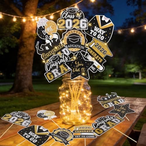 Graduation Decorations 2026 Graduation Party Decorations 32Pcs Black Gold Grad Table Centerpiece Sticks with String Lights for College High School Congrats Grad Party Decor Photo Props — image 1