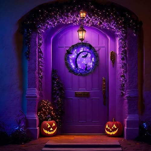 Halloween Wreaths for Front Door, 15 Inch Halloween Lighted Wreath with Bat and Cat Decor, 45 LED Purple Lights Battery Operated, Front Door Porch Wreath Decorations for Holiday Party view 4