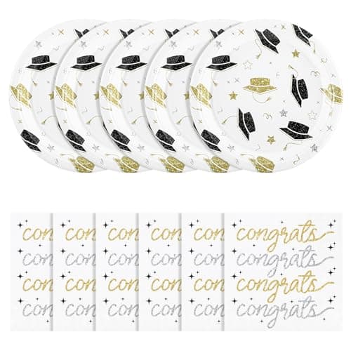 NatNarr 2026 Graduation Plates and Napkins, 50 Pcs Black and Gold Graduation Decorations with 7 Inch Grad Dessert Cake Plates，6.5 Inch Napkins for Class of 2026 Kindergarten Middle High College School — image 1