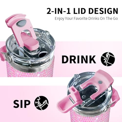 30oz Bling Rhinestone Studded Tumbler with Top Handle, Bling Cups Stainless Steel Water Bottle Diamond Glitter Tumbler for Women - Birthday Gifts for Women, Mom,Get Well Soon Gifts (Pink) view 4