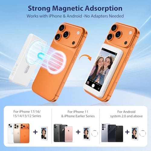 Vlog Selfie Monitor Screen for iPhone 17 Series & Android,Built-in Speaker,Wireless & Wired Magnetic 4K/1080P Phone Back Camera Monitor with Remote Control for Live Stream TikTok (White) view 3