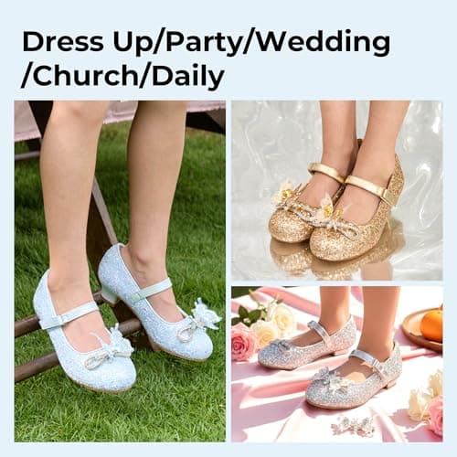 PATPAT Girls Dress Shoes Glitter Shoes with Butterfly Hair Clips, Sequins Rhinestones Bowknot Princess Low Heels Mary Jane Footwear Heels for Girls view 6