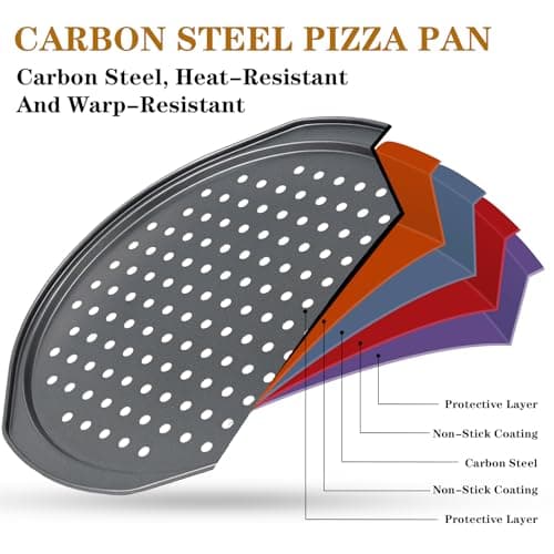 Bestdin 5Pcs Pizza Pan Set - 12 inch Pizza Pan with Holes, Non-stick, Pizza Oven Accessories with 2 Carbon Steel Round Pans, Pizza Cutter and 2 Gloves, Dishwasher Safe view 4