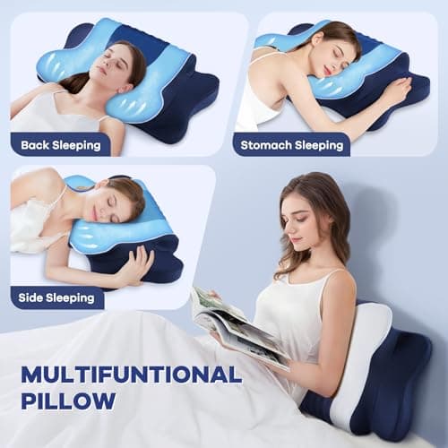 Cervical Neck Pillow for Pain Relief,Cervical Pillow with Memory Foam Ergonomic Pillows with Dual Heights for Back,Stomach and Side Sleepers Kids' Floor Pillows Cushions (Dark Blue, Standard 27"×16") view 6