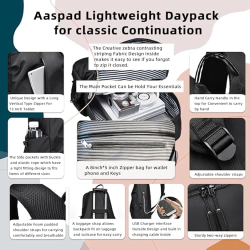 Aaspad Laptop Backpack for Men and Women Lightweight Daypack Slim Sturdy Business Offices Knapsack Daily Commute Necessities (Black) view 4