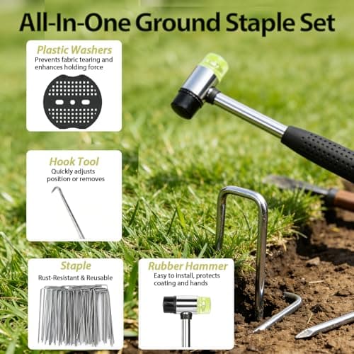 202Pcs Garden Stake Staple kit, 100Pcs 6-inch U-Shaped Landscape Staples, 100 Fixing Gasket, Pick Hook, Rubber Mallet Used for for Weed Barrier Fabric, Ground Cover, Holding Fence and Artificial Turf view 3