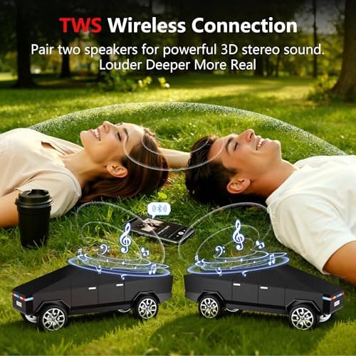 AONOX Cybertruck Bluetooth Speaker for Car, Mini Wireless Speaker with LED Lights, FM Radio, USB/TF Card, TWS Stereo, Desk Gaming Outdoor Use, Gift for Car Lovers view 3