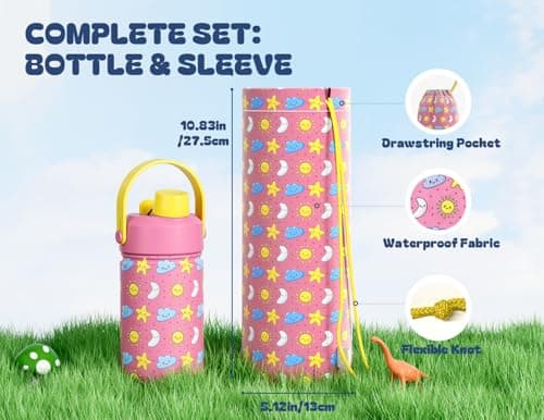 12 oz Kids Water Bottle for Girls: Leakproof, BPA-Free, Durable Straw Spout Lid, 24H Cold, Cute Patterns, Insulated Stainless Steel Cup with Carrier Bag for School, Trip, Camping, Daily (Sunny Dreams) view 3