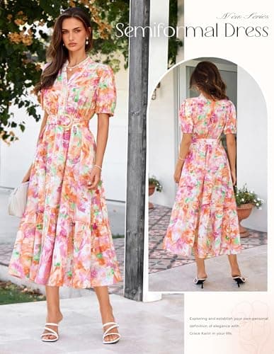 GRACE KARIN Womens Summer Floral Maxi Dress 2026 Casual Puff Short Sleeve Shirt Dress Boho Flowy Dresses with Pockets & Belt view 3