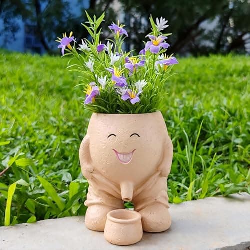 Funny Smiley Face Resin Planter, Novelty Whimsical Flower Pot with Drainage Spout, Cute Succulent Planter for Indoor Outdoor Garden Decor, Unique Gift for Plant Lovers view 1