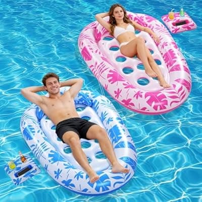 VIWUHUG 2 Pack Giant Inflatable Pool Float Pool Floats Adult Mat with Headrest & Cup Holder Lake Float Raft Water Lounger Multi-Use Swimming Pool Floats for Party Summertime Beach Outdoor