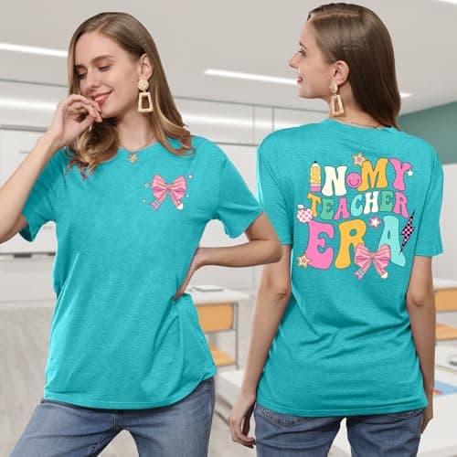 PICKID Teacher Shirts Women: in My Teacher Era T-Shirt Pencil Bow Graphic Tee Back to School Teaching Gift Casual Tops view 4