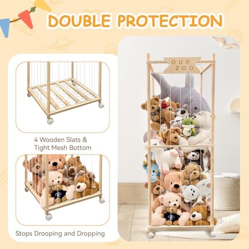 Stuffed Animal Storage Zoo with Wheels, Wooden Large Stuff Animals Plushies Holder, 22.5" D x 22.5" W x 64" H Toy Organizer Storage Cage with Elastic Band and Net for Nursery Playroom Bedroom view 6