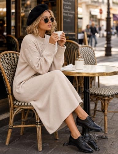 CiCiBird Womens Pearl Sweater Dress Long Sleeve Maxi Dresses | Loose Fit, Mock Neck, Puff Sleeves, Soft Knit, Gentle A Line Hem, Fall Winter, Holiday Wear, Church Events view 3