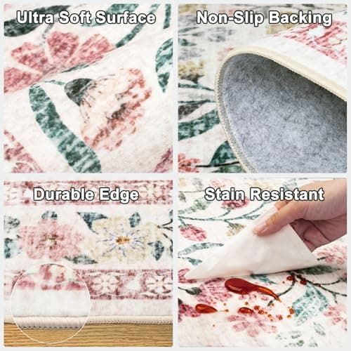 8x10 Area Rugs for Living Room: Floral Washable Rug Vintage Large Soft Boho Non-Slip Carpet Indoor Stain Resistant Low Pile Carpets for Bedroom Dining Room Farmhouse Nursery Home Office Pink Green view 6
