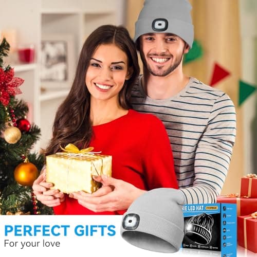 FFIPBGE Valentines Day Gifts for Him, Beanie Hats with Light, USB Rechargeable LED Hand Free Headlamp, Birthday Gifts for Men, Women, and Teens, Ideal for Camping, Hiking, 2 Pack, Grey view 2