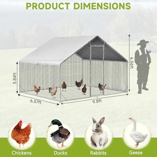 Large Walk-in Chicken Coop with Chicken Run, Galvanized Poultry Enclosure with Waterproof Anti-UV Cover and Security Lock, Ideal for Rabbit, Duck, Backyard and Farm Yard，9.8'x 6.6'x 6.6' view 2
