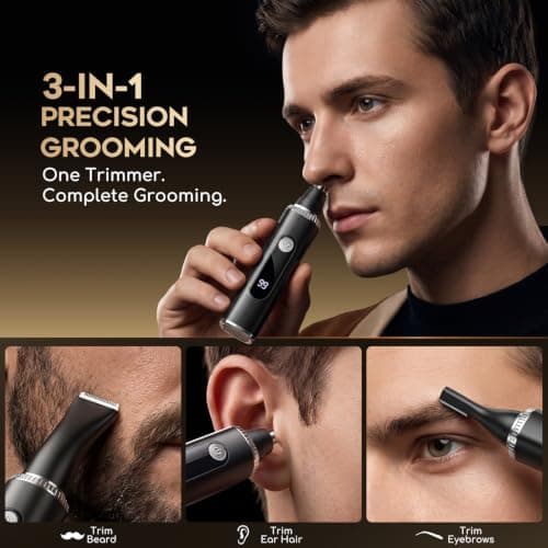 Nose Hair Trimmer for Men Women,3-in-1 Rechargeable Ear and Nose Trimmer with LED Display, Painless Eyebrow, Sideburn and Facial Hair Trimmer, USB-C, Waterproof, Dual-Edge Blades, gifts for men(Black) view 2