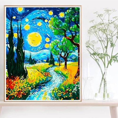 igoodom Paint by Numbers Kit for Adults, Starry Night Adult Paint-by-Number on Canvas, DIY Acrylic Painting Set for Home Decor Gift 16x20inch view 2