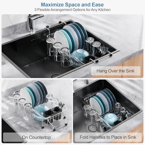 GSlife Small Sink Dish Drying Rack with Cup Holder - Expandable Stainless Steel Compact Dish Drainer for RV, Camper, Kitchen, Dish Strainer with Locking Knob, Fit Sink 11.9"-16.7" L, Silver view 2