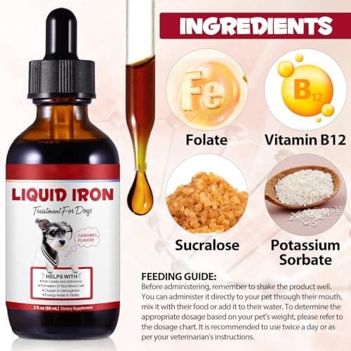 Liquid Iron Drops for Dogs,Iron Supplements for Dogs with Folate & Vitamin B12, Promotes Blood Health, Improve Anemia, Low Enery Levels and Lethargy, Caramel Flavor -60ml view 3