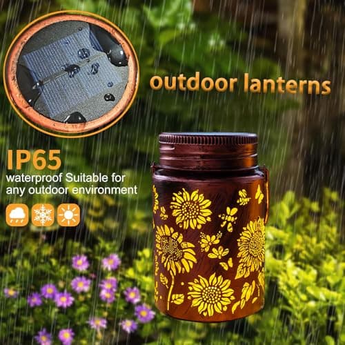 2pack Sunflower Solar Lanterns Outdoor, Solar Mason jar Lights Hanging Waterproof Metal Lanterns for Patio, Pathway, Yard (Sunflower 2pack) view 4