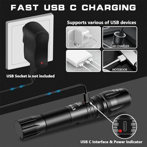 PHIXTON Rechargeable Flashlights High Lumens, USB C Chargeable LED Flashlight, Bright Strong Handheld Flash Lights, Long Lasting, Adjustable Focus, 5 Modes, for Emergencies Hiking Gift view 3