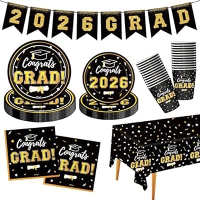 Graduation Decorations 2026 Disposable Black Graduation Tableware Kit for 25 Guests Plates Napkins Cups Tablecloth Hanging Graduation Party Decorations 2026