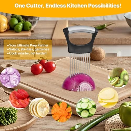 【2 PCS】Onion Holder for Slicing - Stainless Steel Vegetable & Fruit Cutter Chopper for Onions, Tomatoes, Avocados, Potatoes, Eggs, Meat & Lemon - Kitchen Slicer Assistant with Neat Guide & Tenderizer. view 4